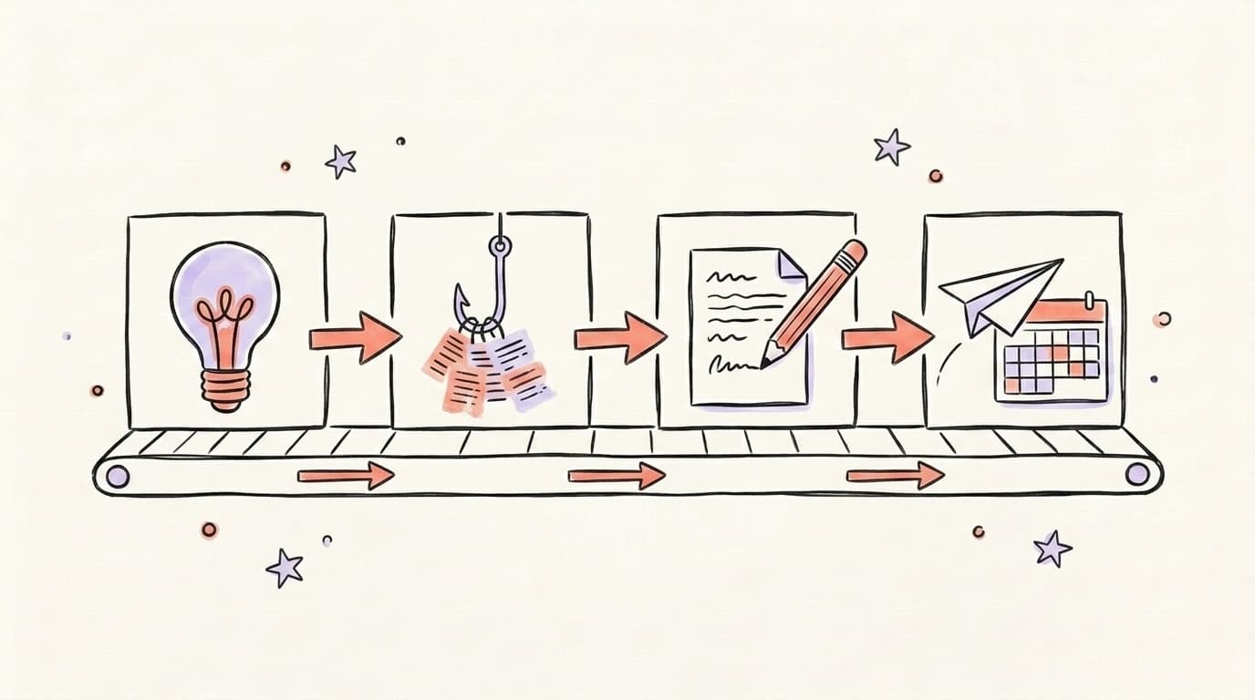 A four-stage assembly line turning raw ideas into scheduled posts