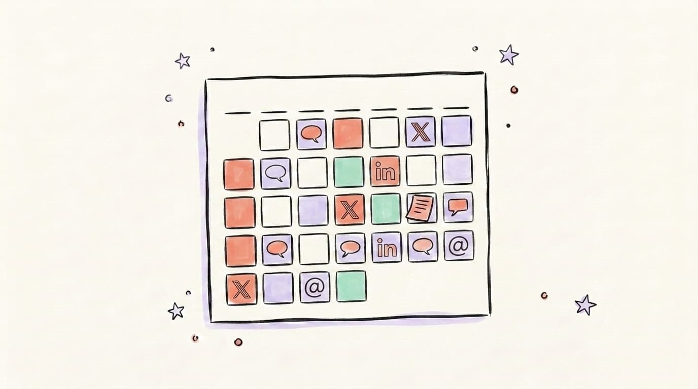 A monthly calendar grid filling up with scheduled post cards across platforms