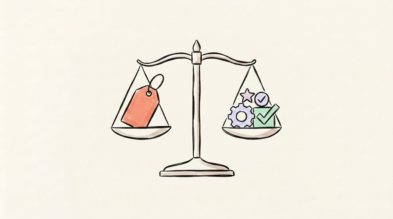 Hand-drawn balance scale weighing a price tag against a stack of feature icons