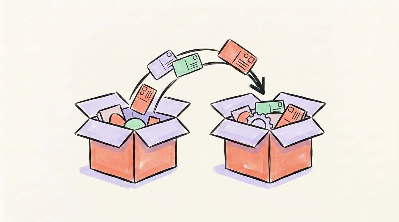 Hand-drawn moving boxes with an arrow carrying post cards from one box to another