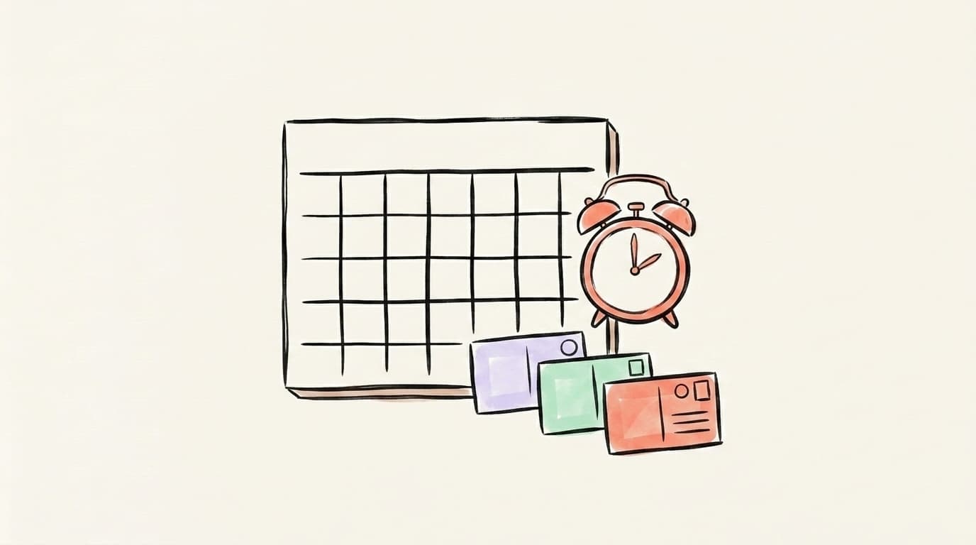 Hand-drawn calendar and clock with post cards queued in a scheduling row
