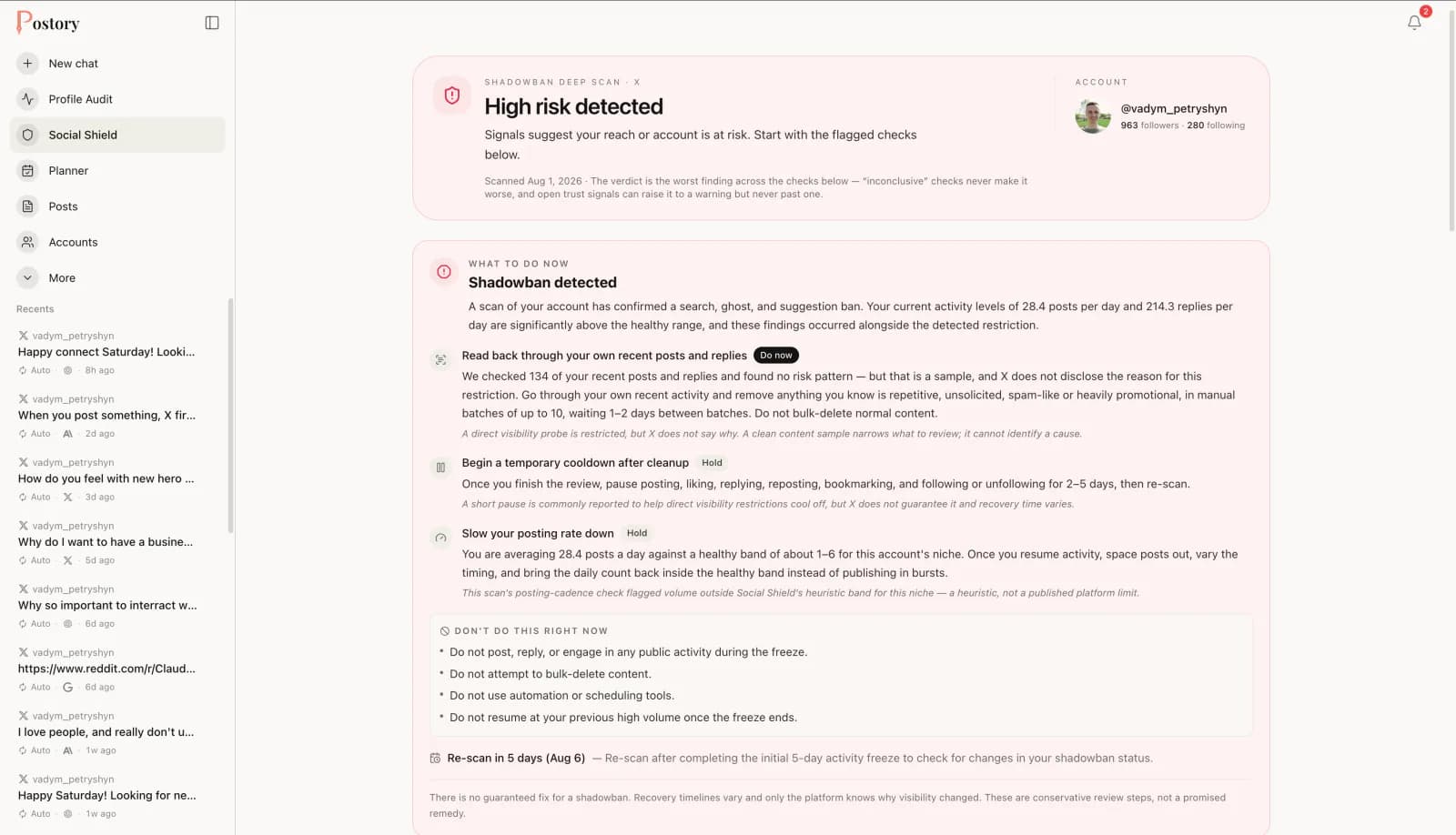 Postory Social Shield report flagging a shadowban as high risk, with the steps to take right now and what not to do