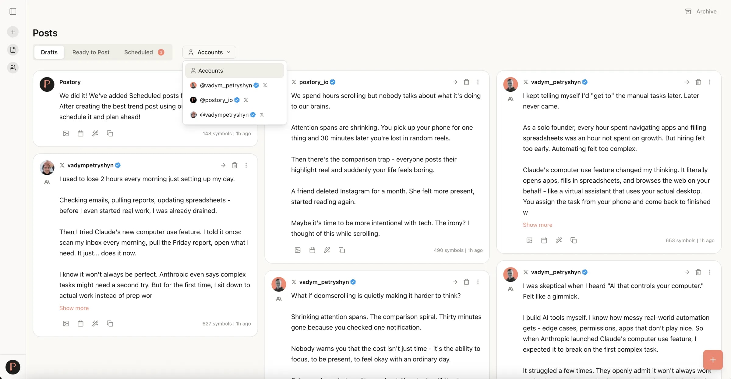 Drafts, ready, and scheduled — one workspace — Postory workspace + management feature screenshot
