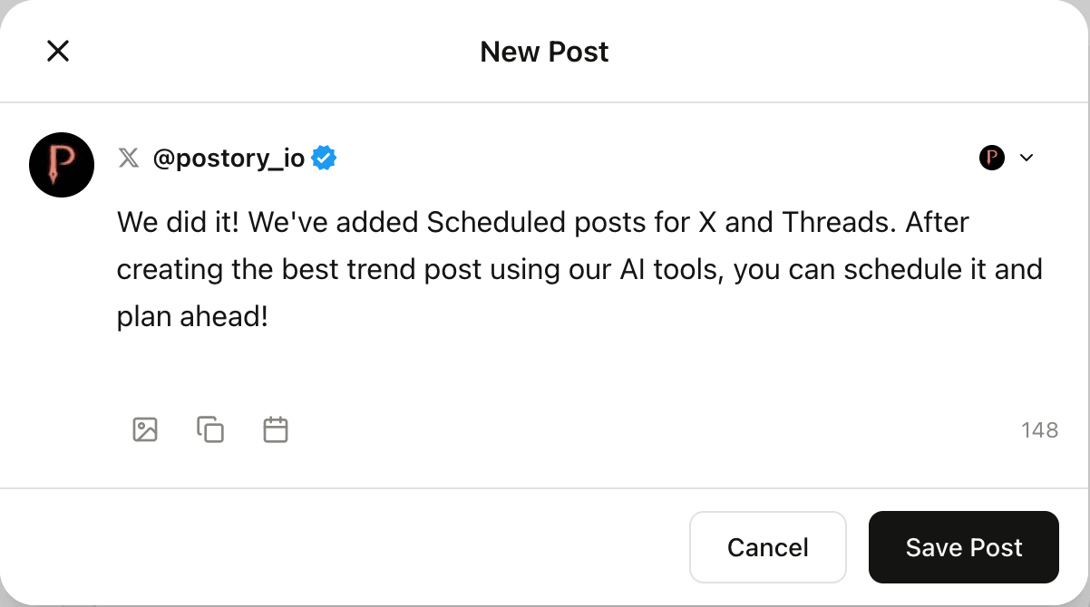 Your social media workspace — Postory post composer overlay