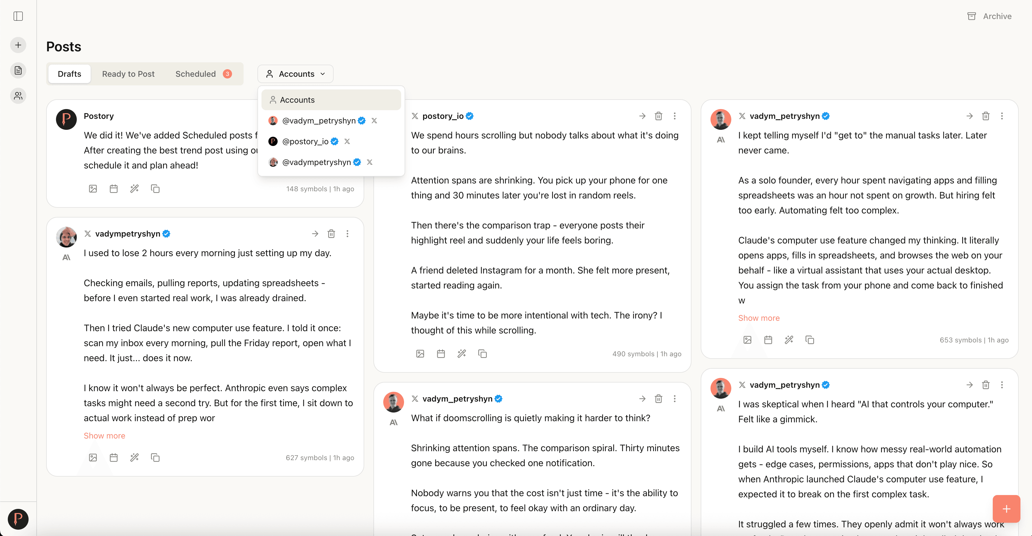 Your social media workspace — Postory post management feature screenshot