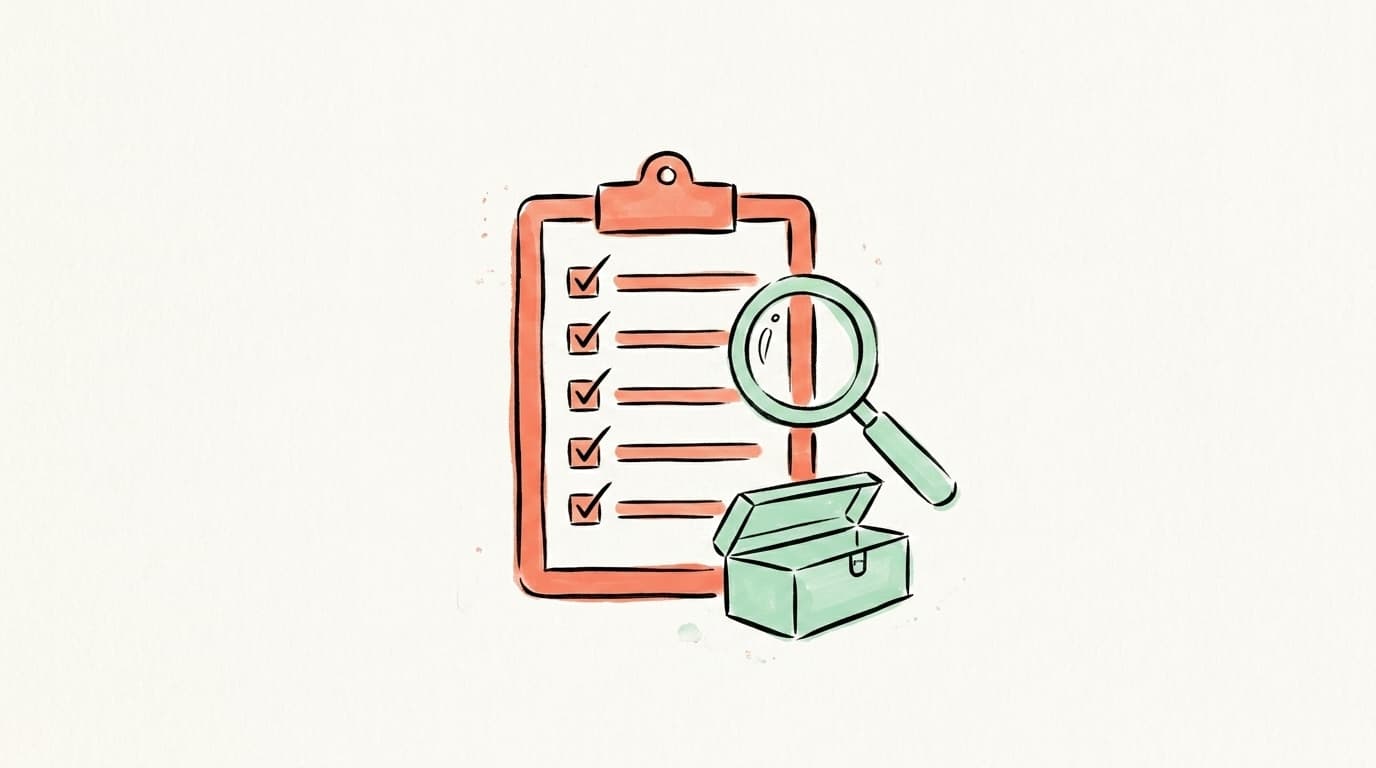 Hand-drawn checklist clipboard with checkmarks and a magnifying glass examining a toolbox, representing how to evaluate AI repurposing tools