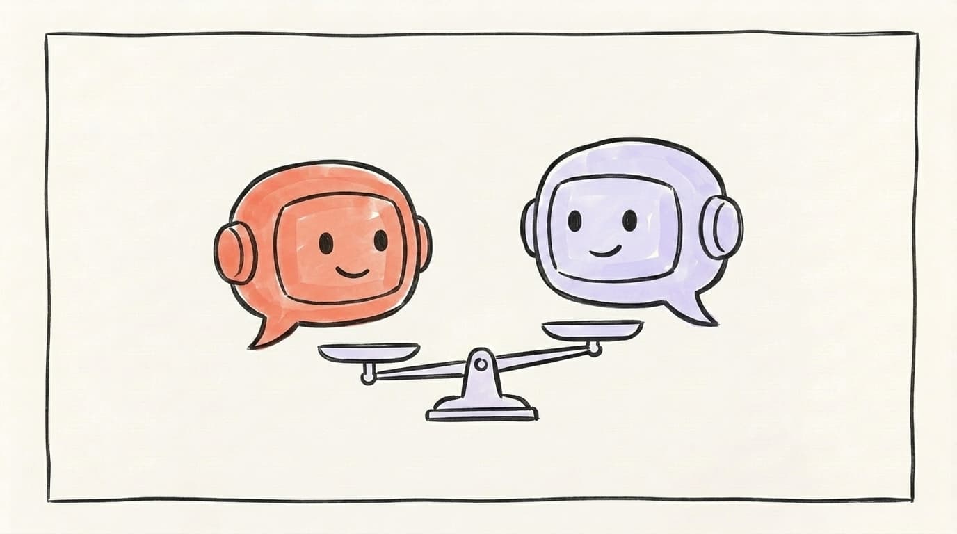 A hand-drawn ChatGPT and Claude facing off across a balance scale