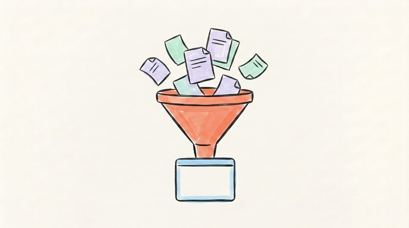 A hand-drawn funnel turning scattered prompt papers into one clean workflow window