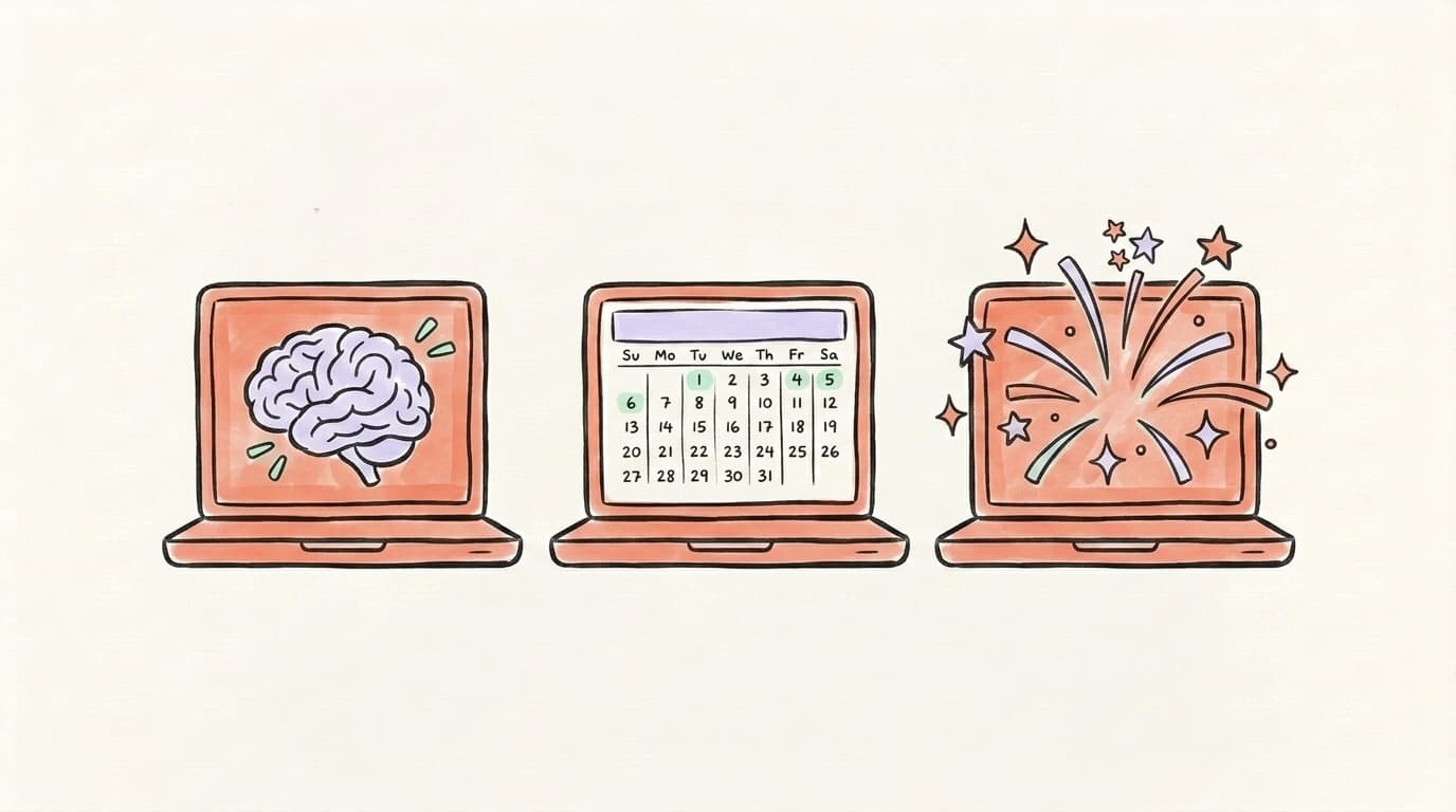 Three laptops illustrating AI drafting, scheduling, and polish stages