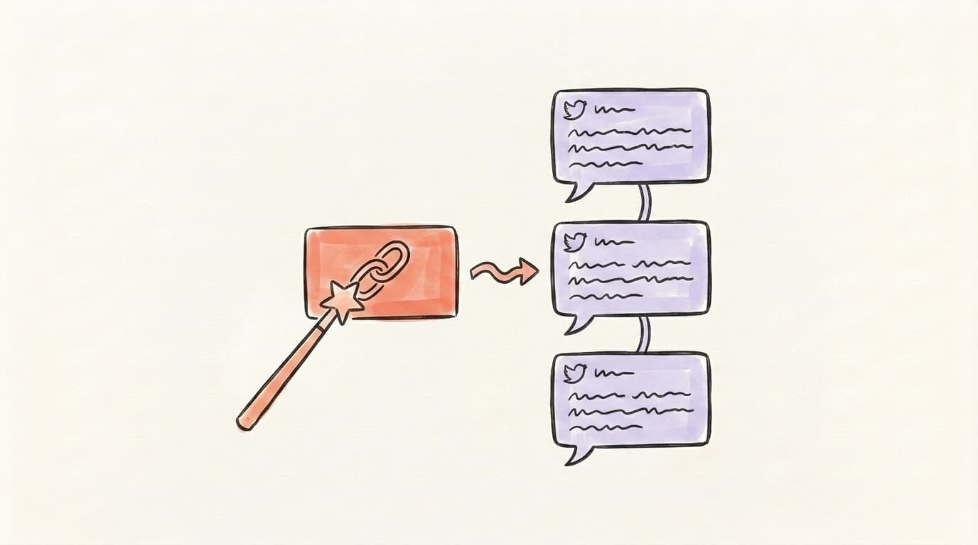 A hand-drawn magic pen turning a URL card into a stack of linked tweet cards written in a person's own handwriting
