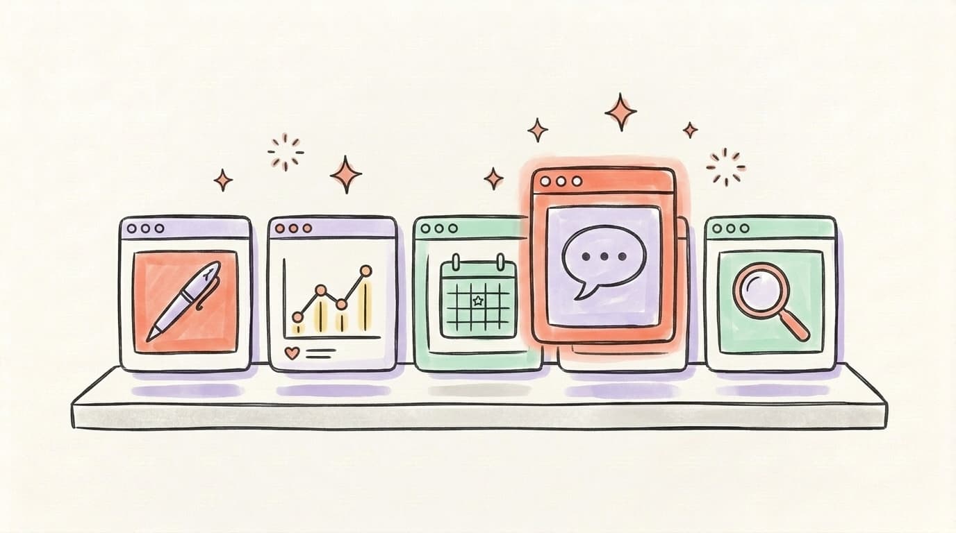 A hand-drawn row of assorted app-window cards representing different Twitter thread tools, with one card highlighted at the front