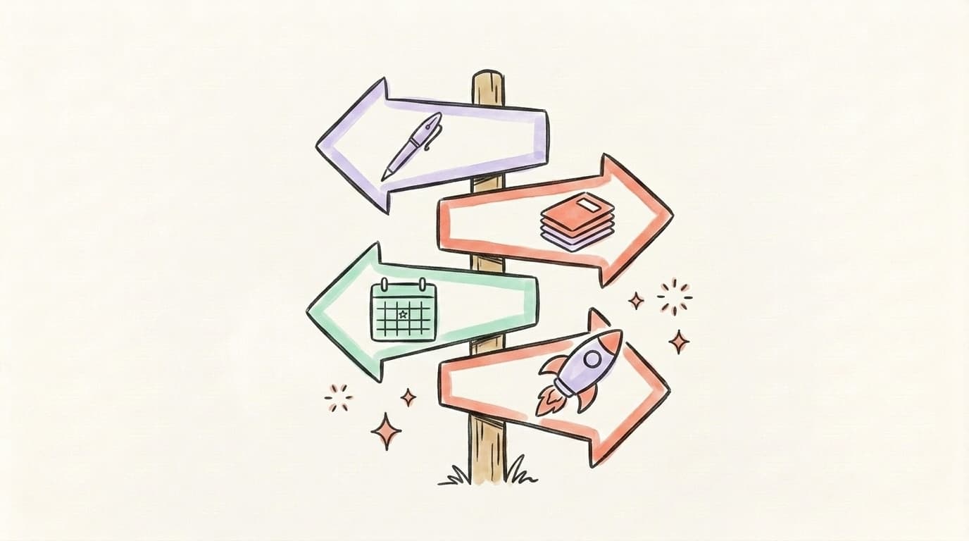 A hand-drawn signpost with arrows pointing down different paths, each leading to a small tool icon, representing different creator stages