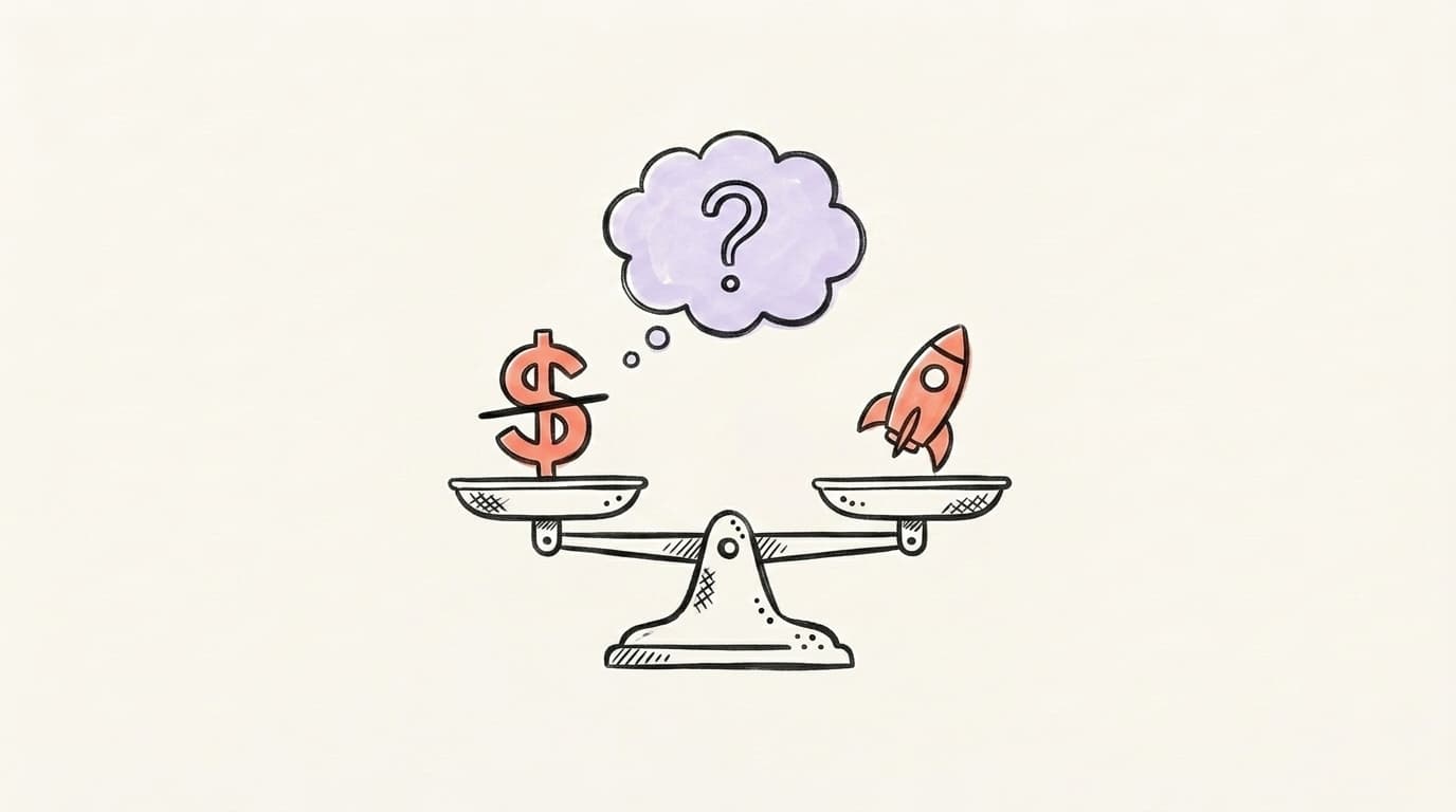A hand-drawn balance scale weighing "free" against scaling up