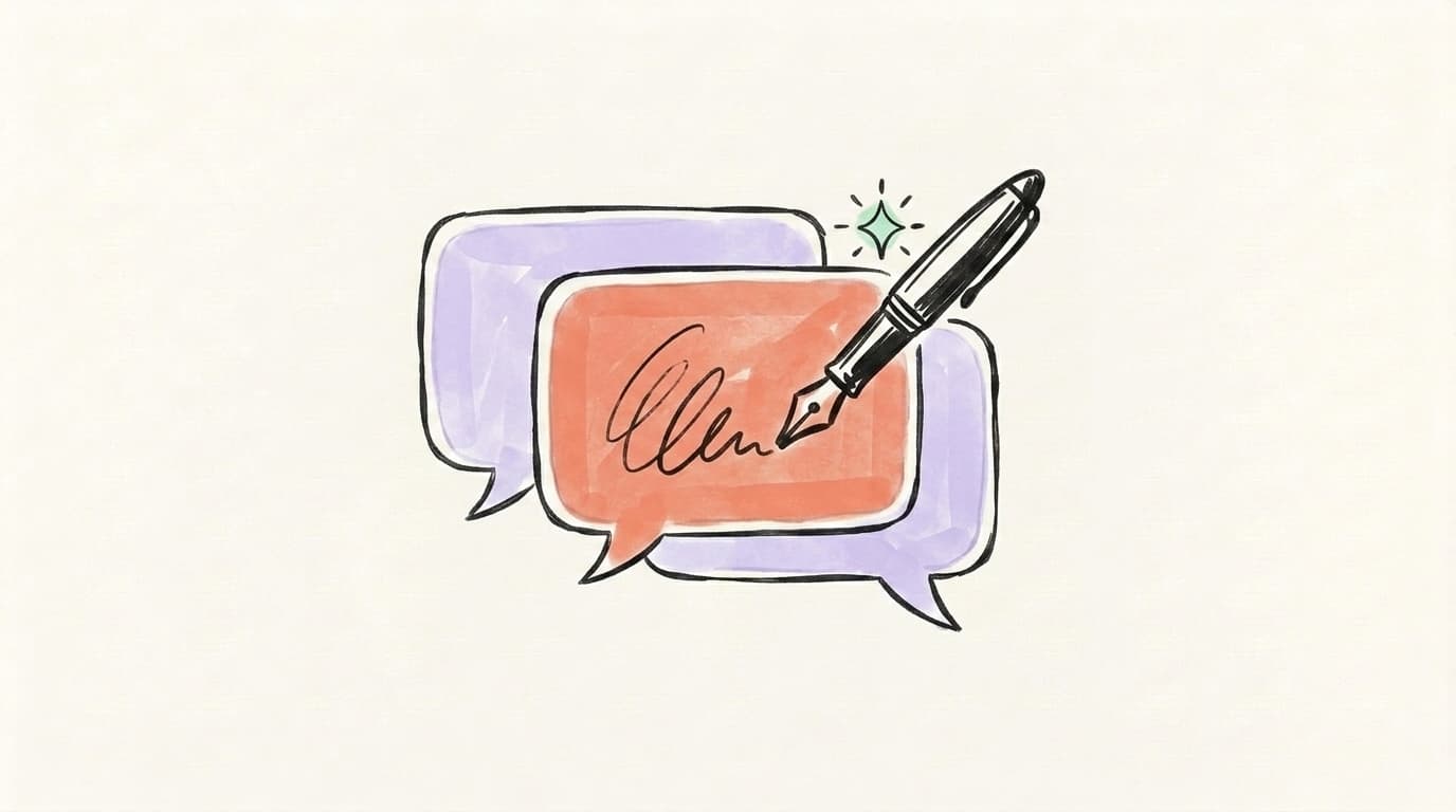 Hand-drawn illustration of two overlapping speech bubbles with a small pen drafting a reply