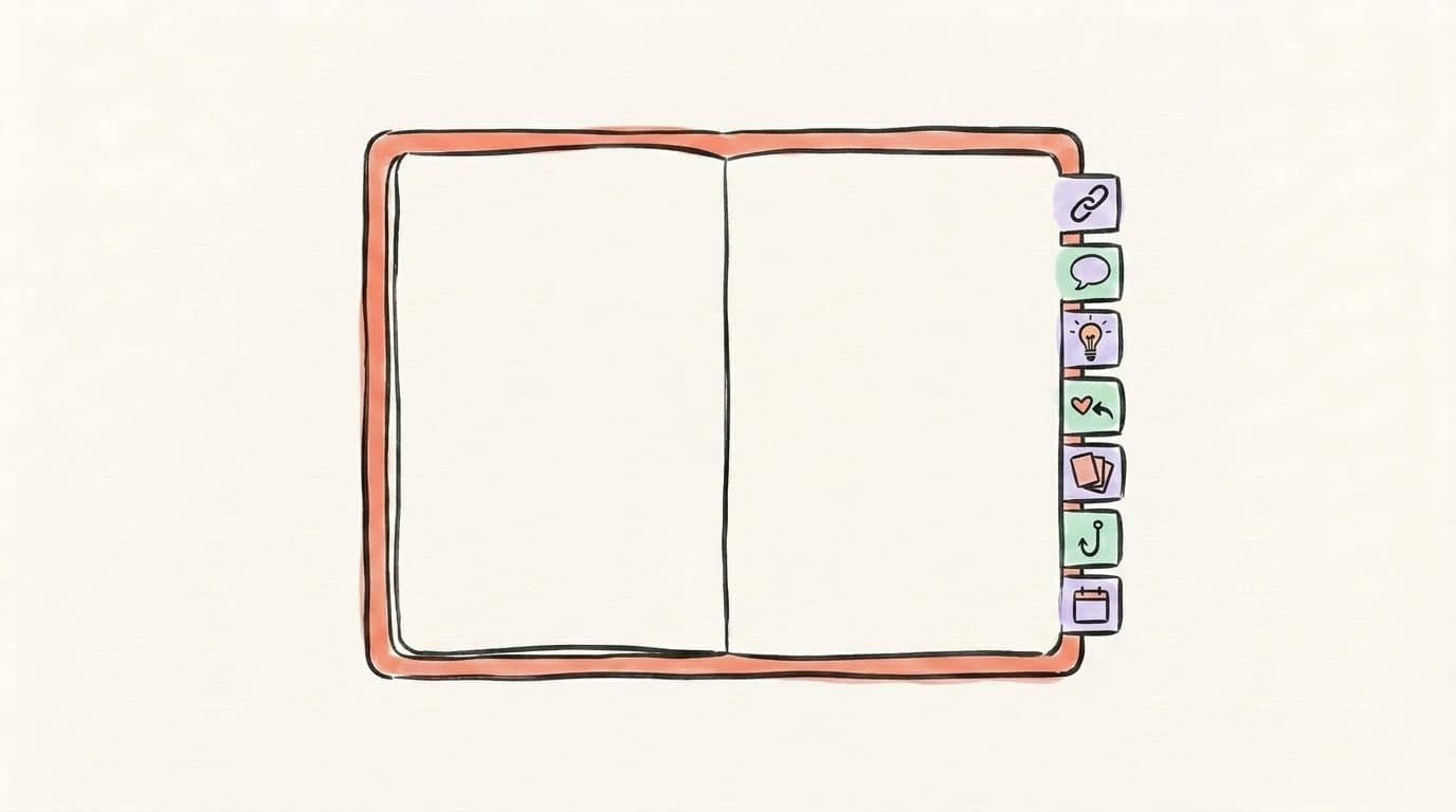 Hand-drawn illustration of an open playbook with seven small tabs, each showing a different content icon