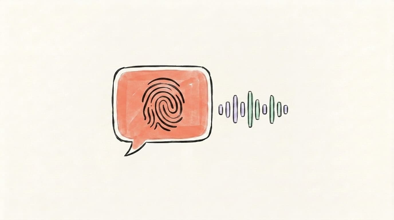 Hand-drawn illustration of a chat bubble with a fingerprint inside it next to a sound wave, suggesting a matched personal voice