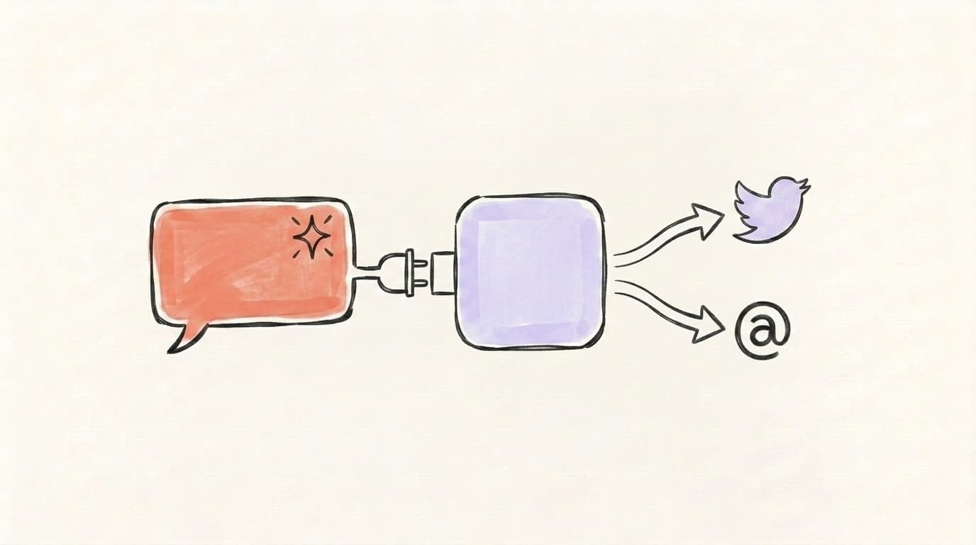Hand-drawn illustration of a Claude chat bubble connected by a plug-and-socket cable to a Postory icon that fans out to X and Threads icons