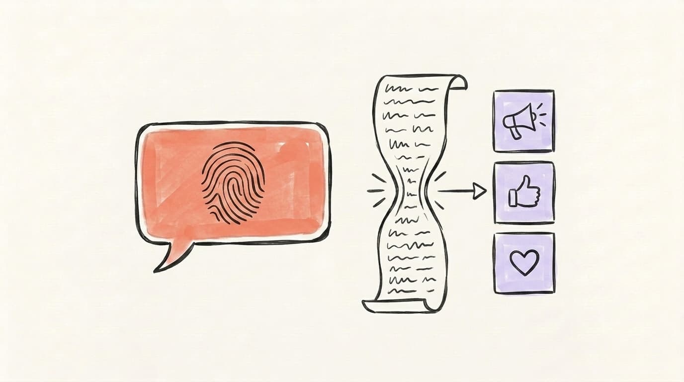 Hand-drawn illustration of a Claude chat bubble with a fingerprint inside it, beside a long scroll of text being compressed into three small social cards