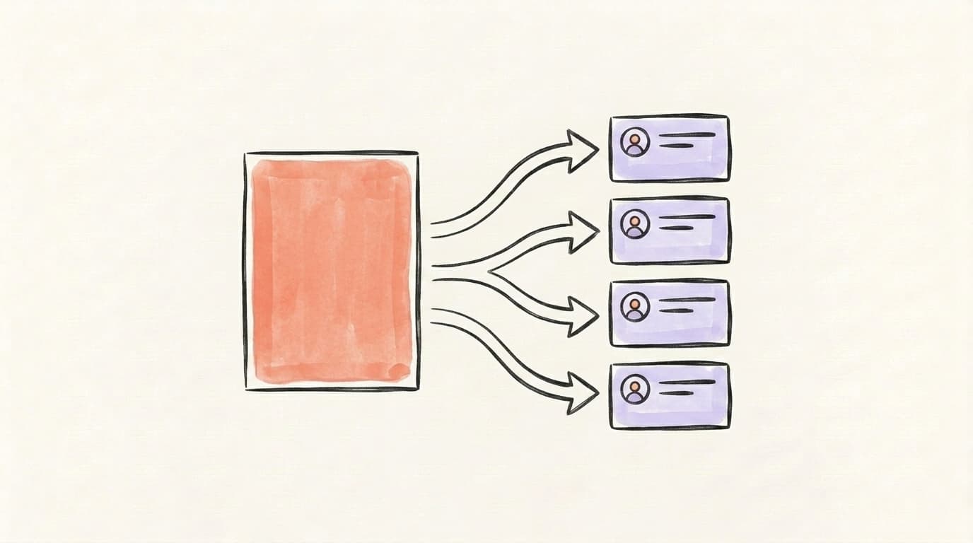 Hand-drawn illustration of a long document on the left with arrows flowing into a stack of small social-post cards on the right