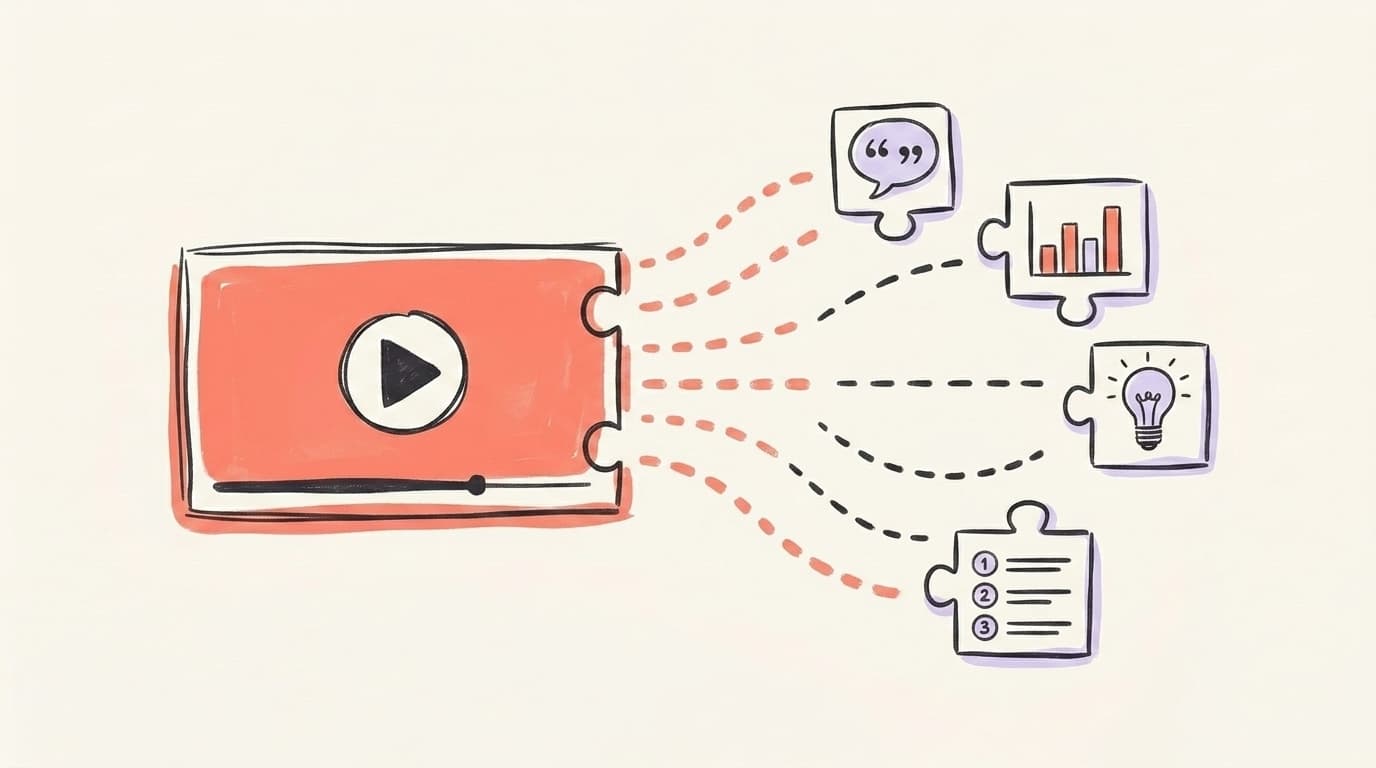 A source video being broken into atomic units — quote, stat, insight, steps
