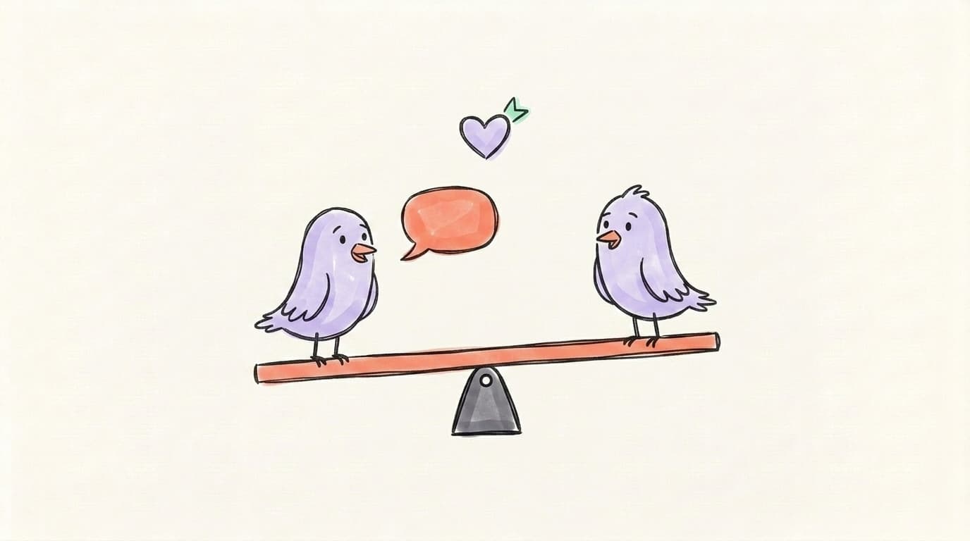 Two birds on a perfectly level seesaw exchanging a coral speech bubble with a follow heart above