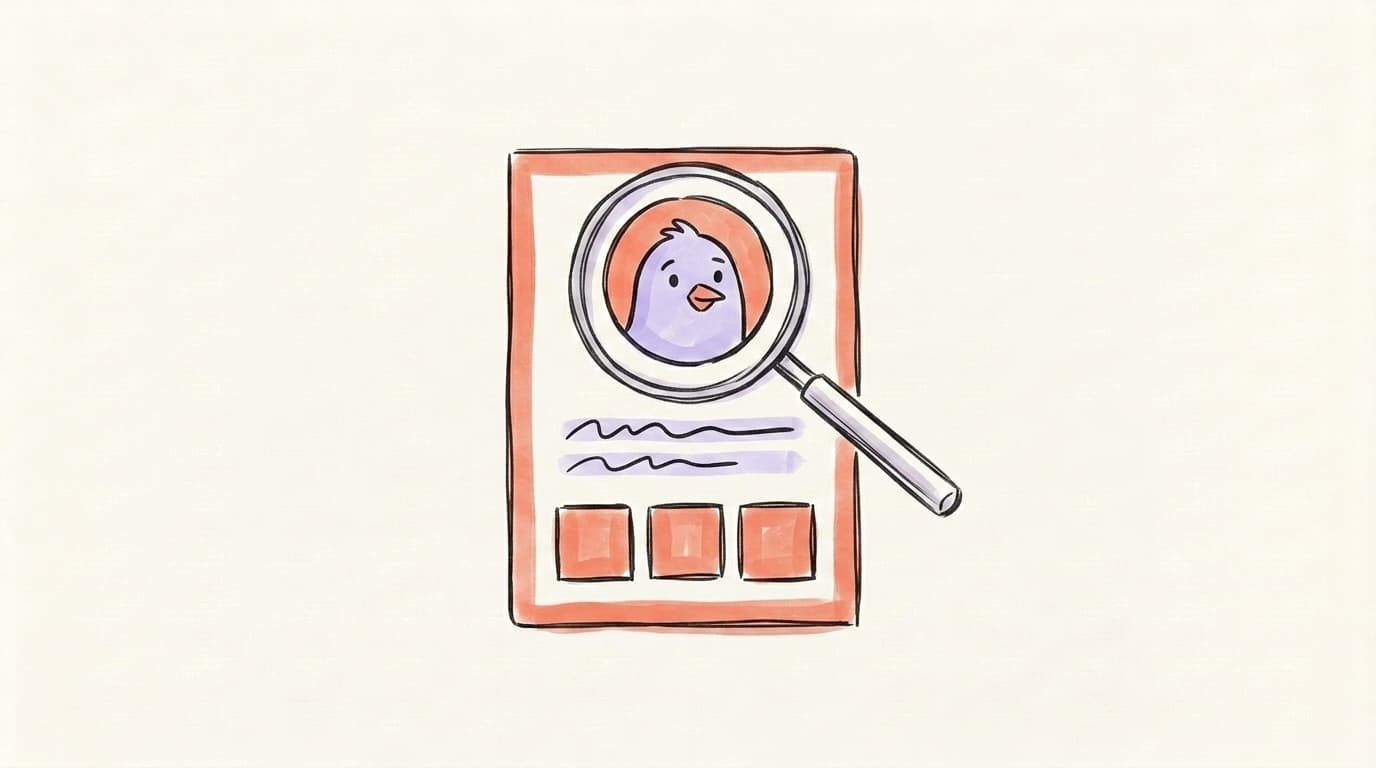 A profile card with a bird avatar, bio lines and post thumbnails being inspected under a magnifying glass