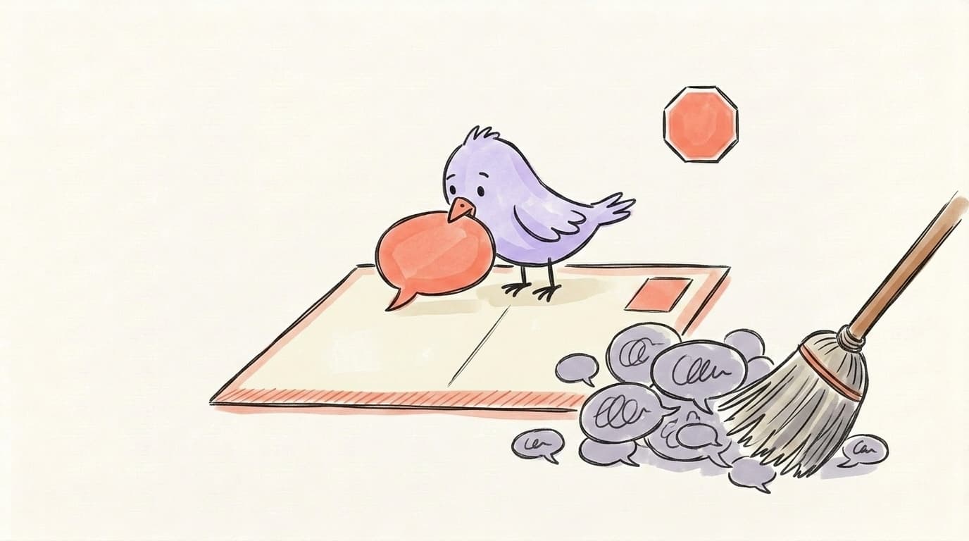 A bird placing one careful coral speech bubble on a post while a pile of scribbled generic bubbles is swept away