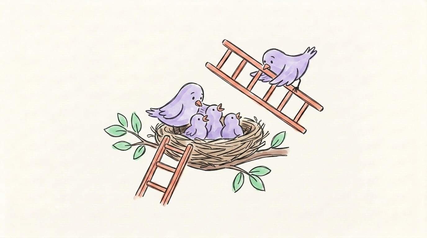 A ladder being lifted away from a twig nest of small birds that no longer needs it