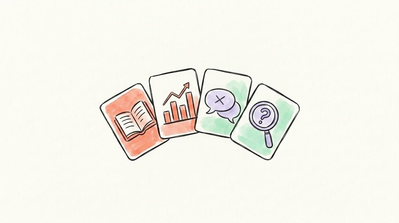 Four hook families: story, data, contrarian, and curiosity, shown as fanned illustrated cards