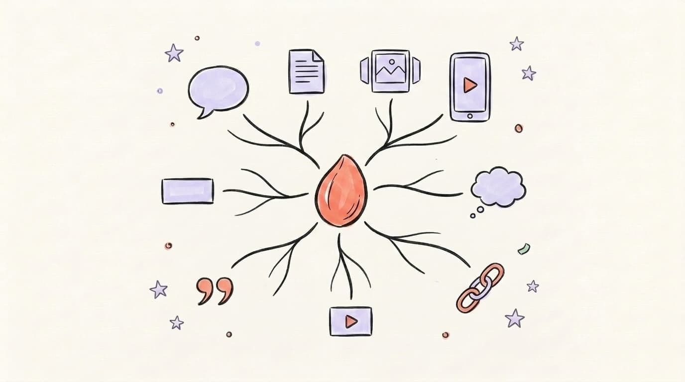 One idea branching out into eight small post formats — quote, thread, carousel, video clip, reply, note