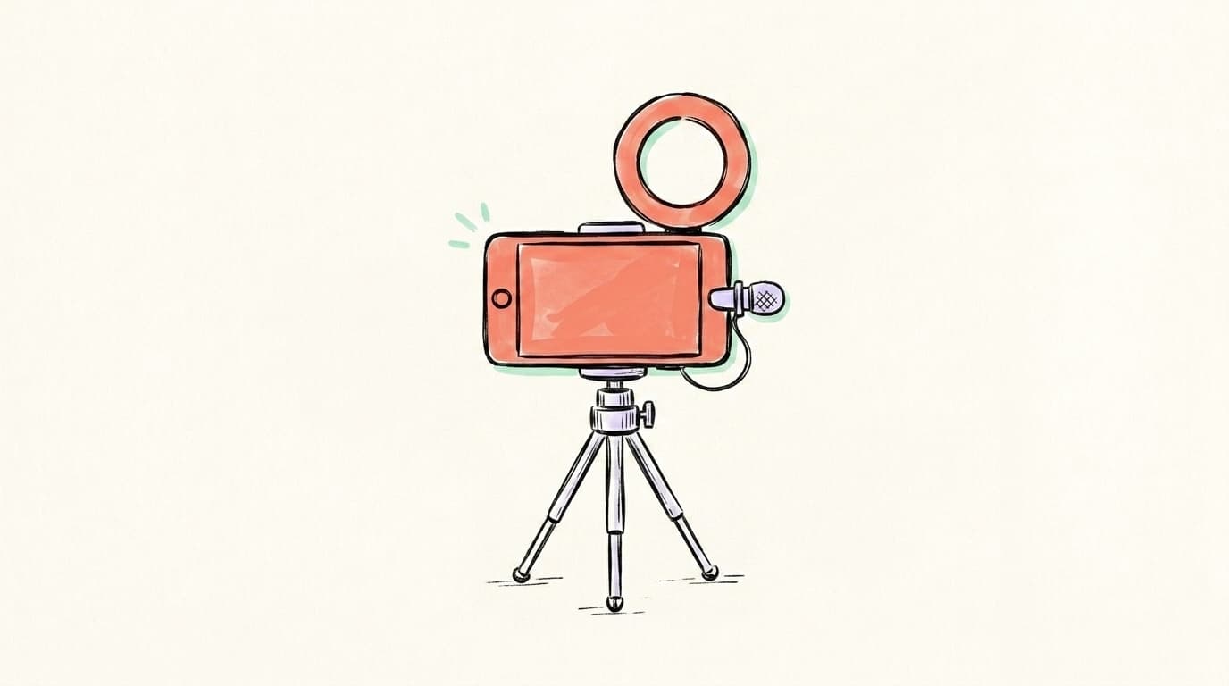 A smartphone propped on a small tripod with a clip-on lavalier microphone and a ring light