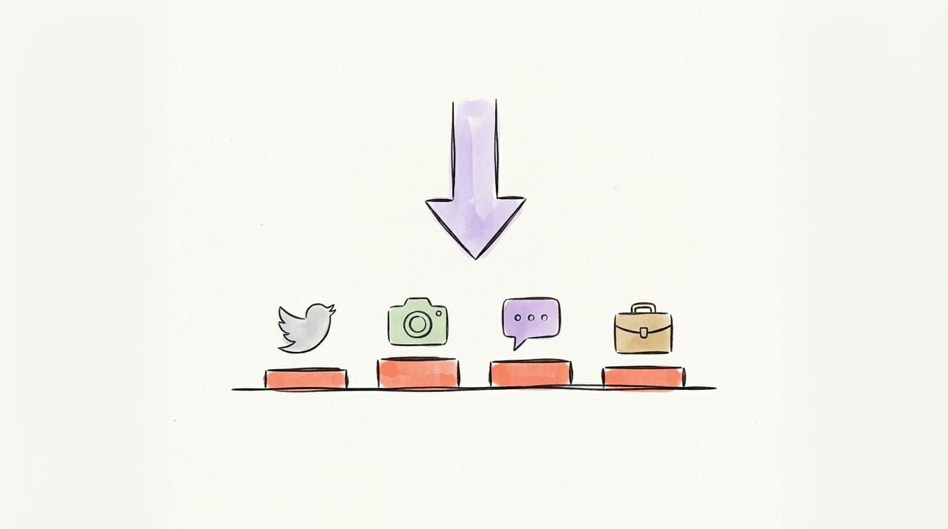 Four small platform icons sitting on salmon-coral bars under a soft lavender downward arrow, illustrating reach being reduced across X, Instagram, Threads, and LinkedIn