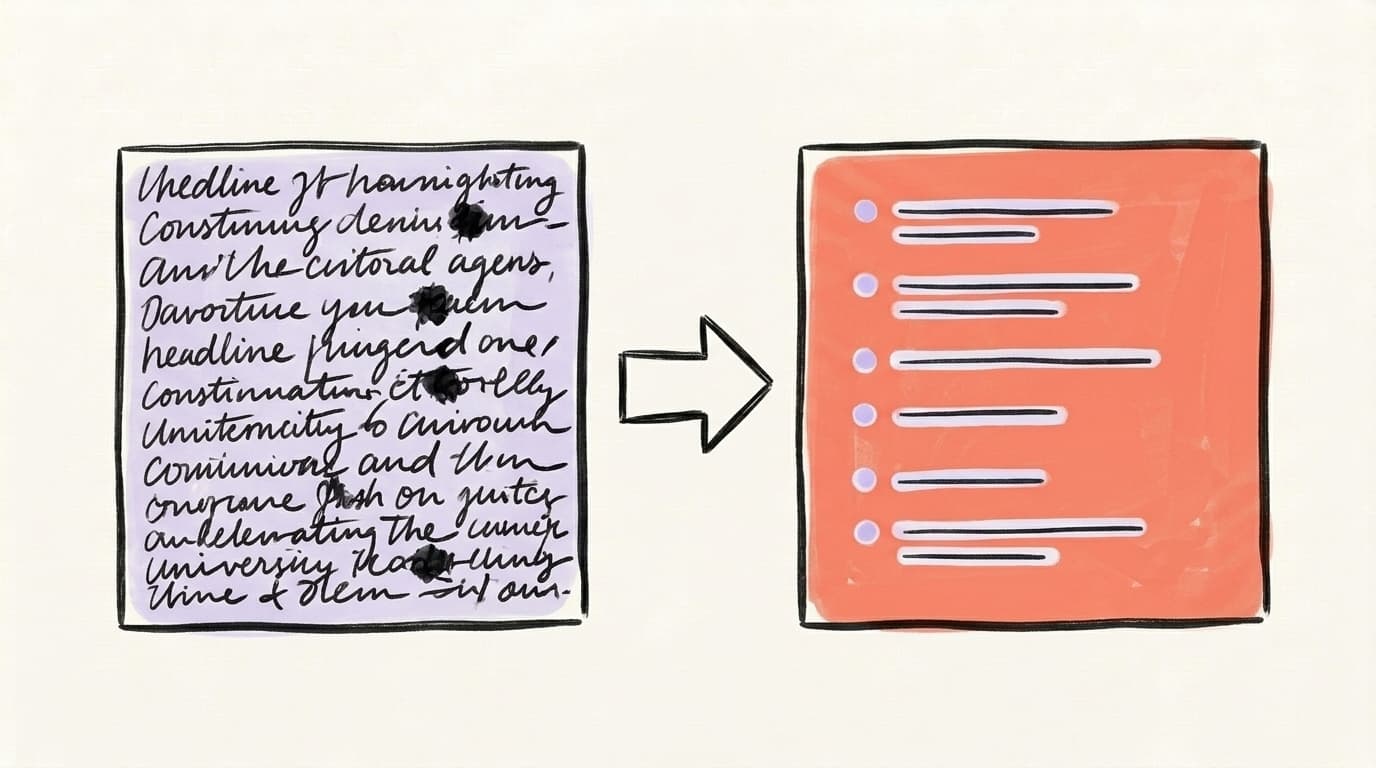 Dense block of scribbled text on the left transformed into a clean, spaced-out list on the right