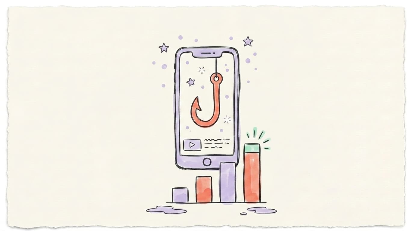 Reels ranking — a phone with a giant hook symbol and a rising bar chart representing watch time