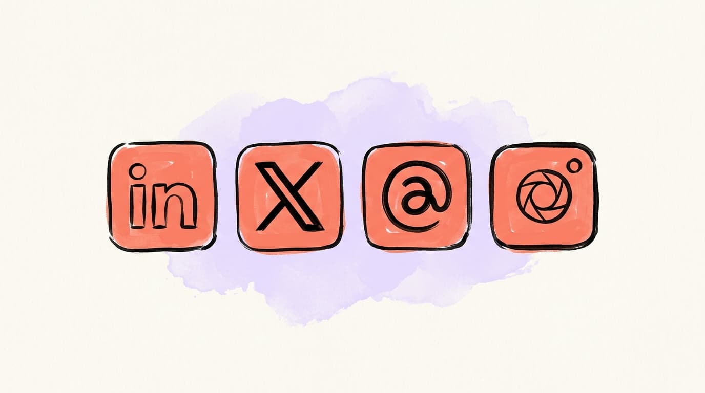 Four hand-drawn platform badges for LinkedIn, X, Threads, and Instagram