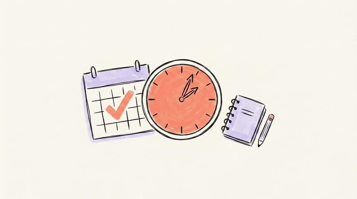 A calendar with a checkmark, a clock showing a short time slice, and a notebook with a pencil
