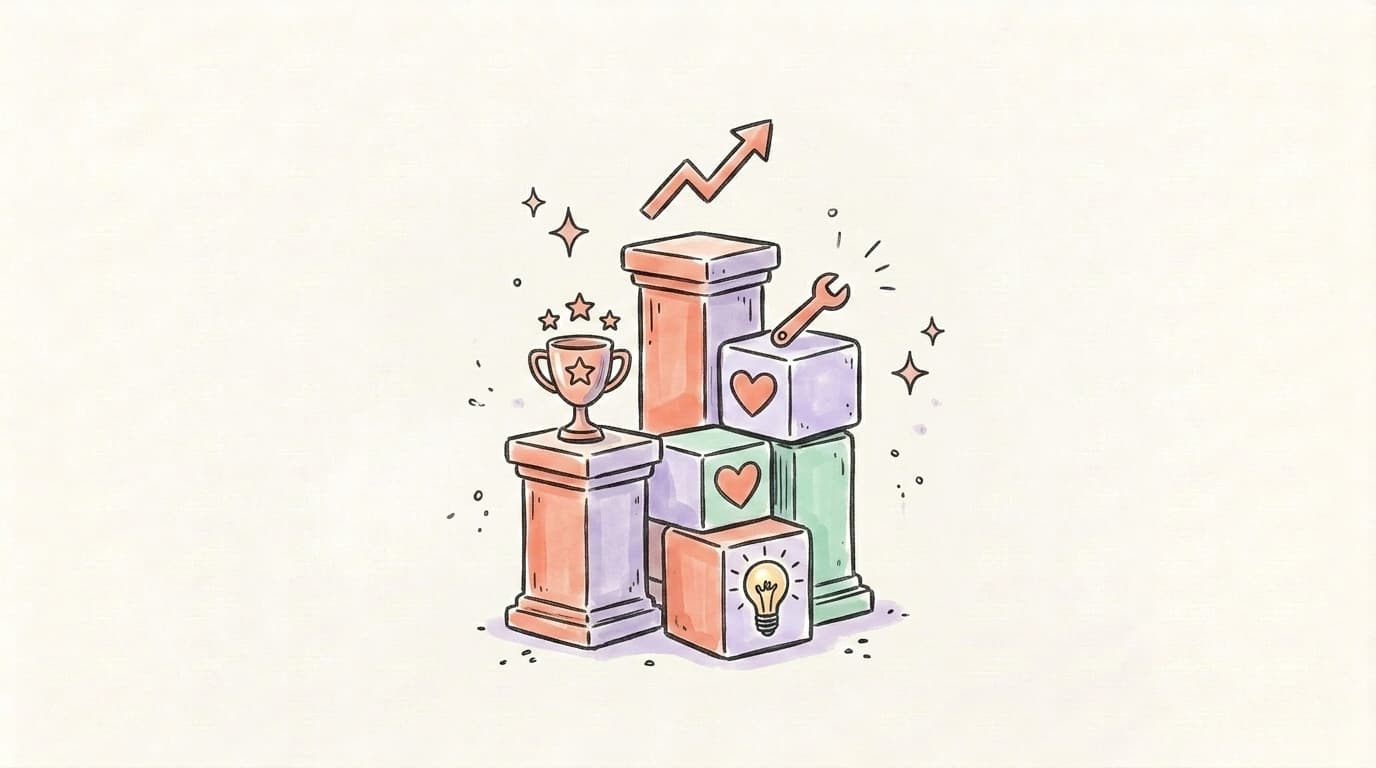 Four content pillars stacked like building blocks under a rising arrow