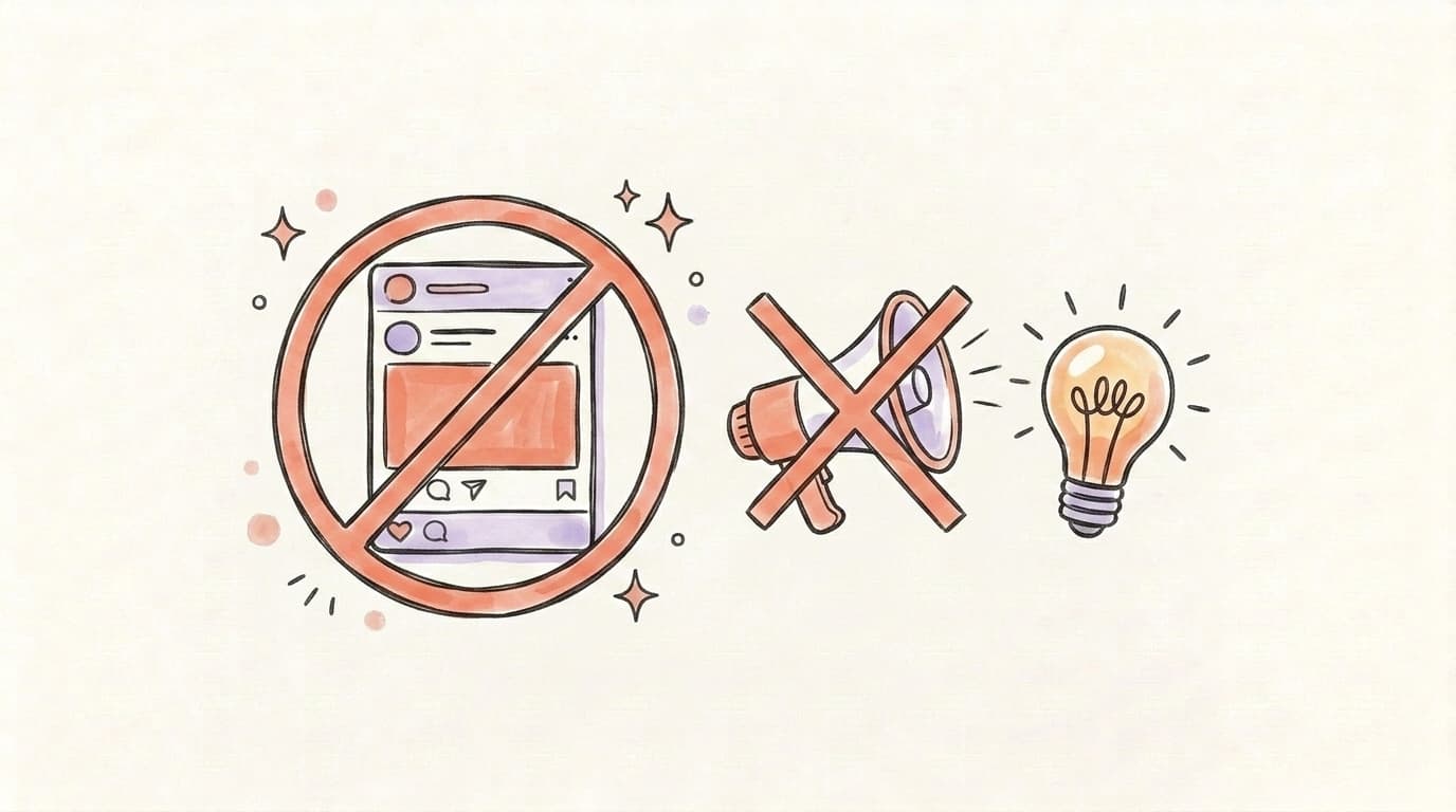 A LinkedIn post crossed out beside a crossed-out megaphone and a glowing lightbulb, showing value-first content beats hire-me posts