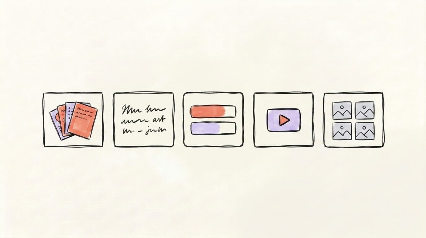 Hand-drawn weekly content calendar with five format boxes — carousels, text, poll, video, multi-image — and the poll appearing only once, showing polls as occasional in a varied posting rotation