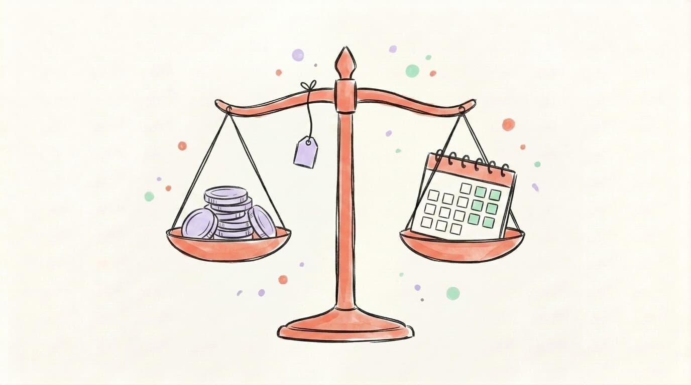 Hand-drawn illustration of a balance scale weighing a coin stack against a calendar of posts