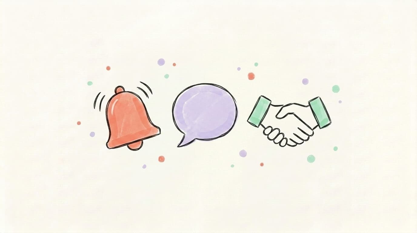 Hand-drawn illustration of a notification bell, speech bubble, and handshake representing free LinkedIn tactics
