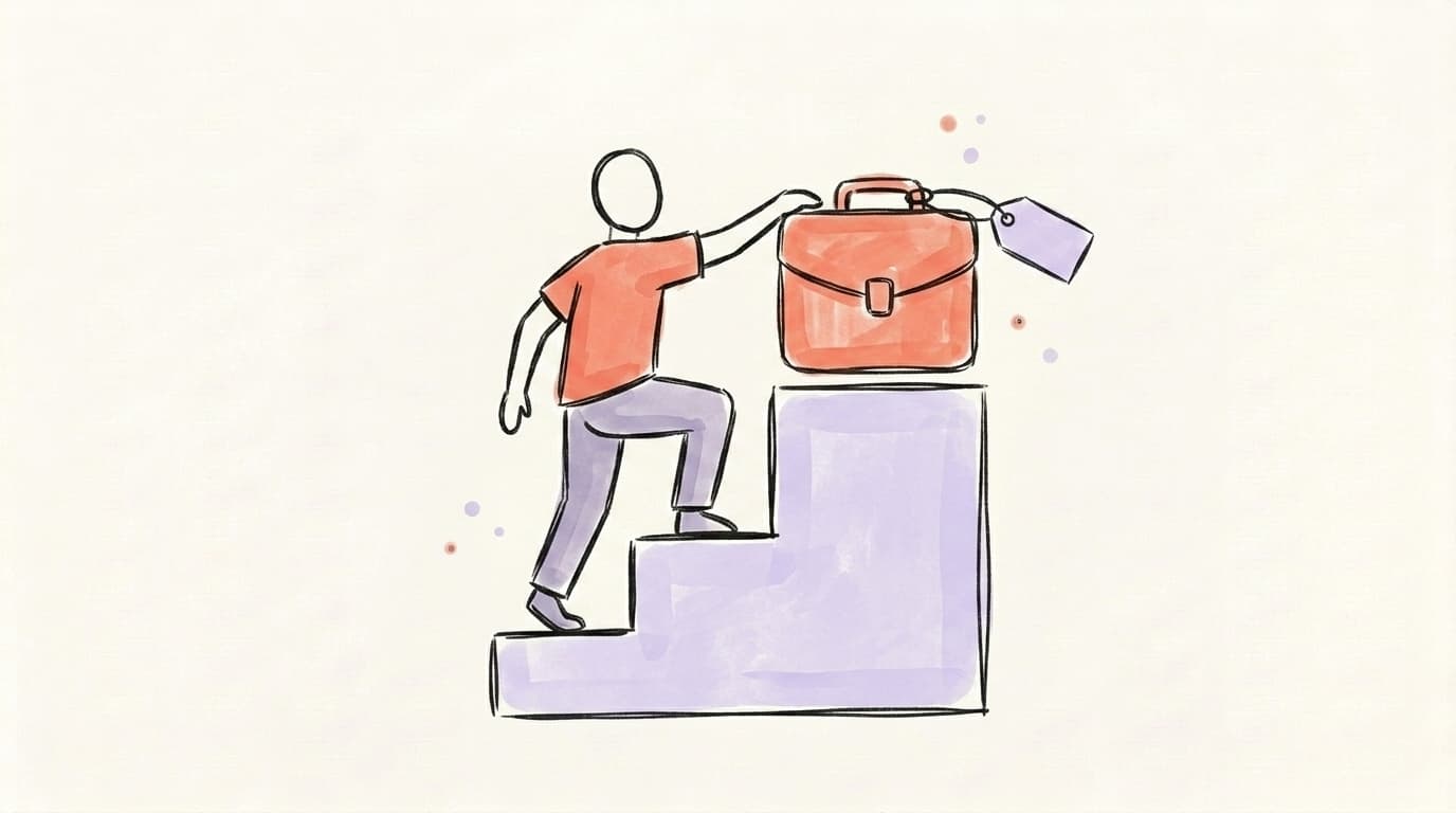 Hand-drawn illustration of a person climbing steps toward a briefcase with a small price tag