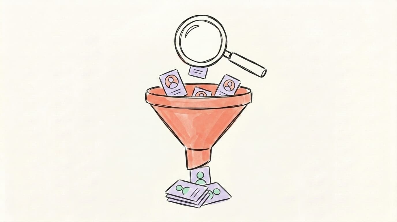 Hand-drawn illustration of a magnifying glass over a funnel filtering profile cards into a short list