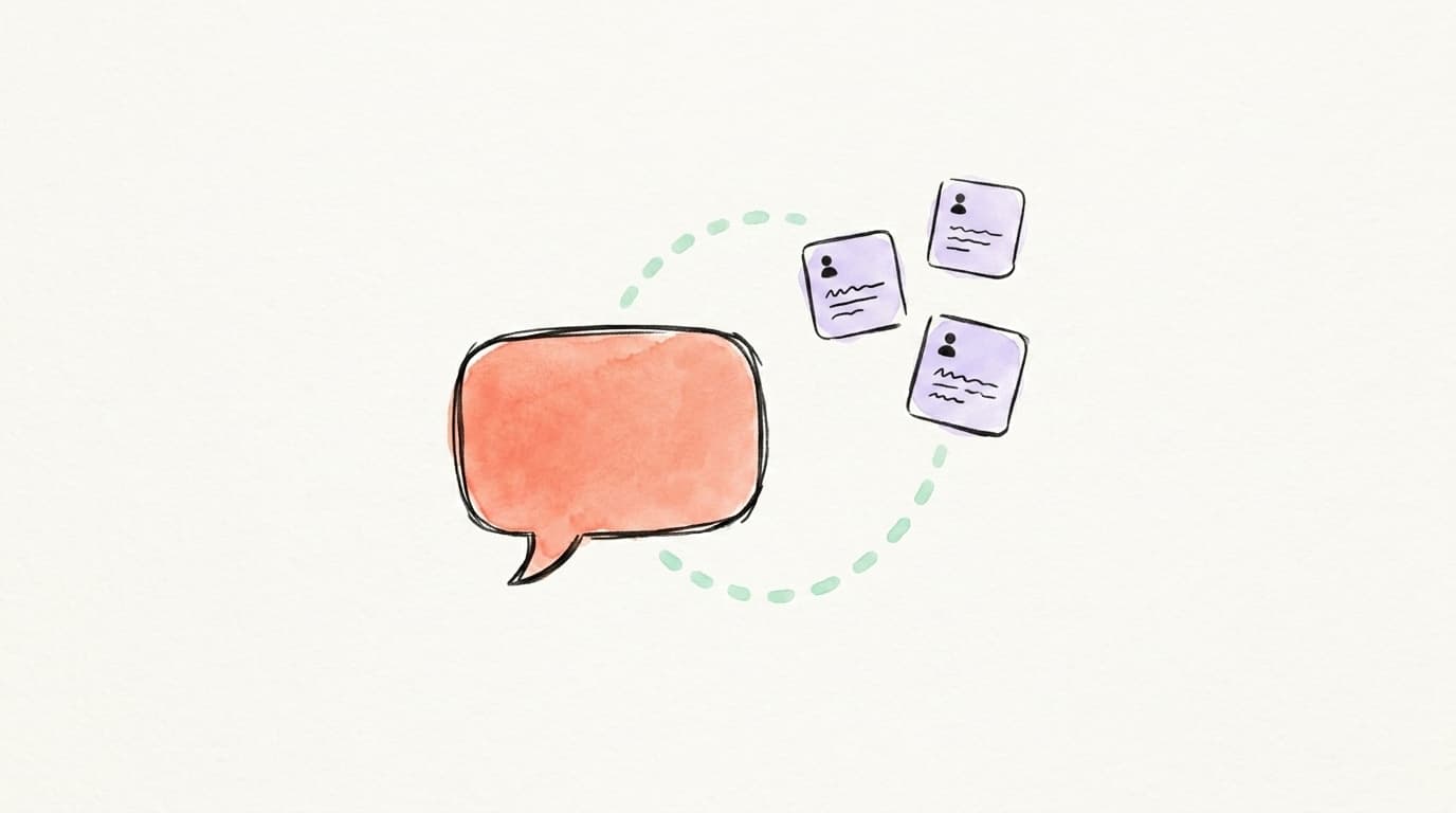 Hand-drawn illustration of a chat bubble with small social-post cards floating out of it along a dotted line, suggesting that asking your assistant becomes where your content actually gets made