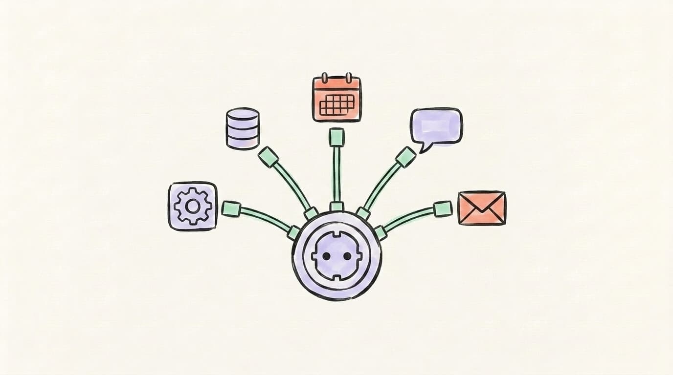 Hand-drawn illustration of a USB-C-style plug linking an AI chat bubble to several different app icons, showing one standard connecting many tools