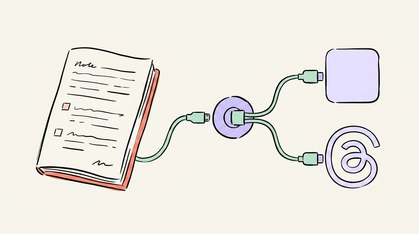 Hand-drawn illustration of a notebook page flowing through a plug and splitting into a platform tile and the Threads logo