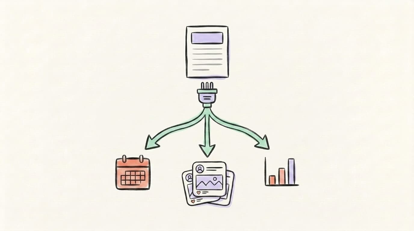 Hand-drawn illustration of a single central plug fanning out cables to small tool icons: a calendar, a social post, and a chart