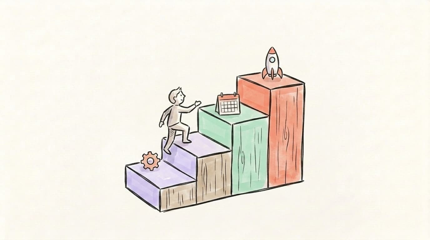 A hand-drawn figure climbing a three-step staircase, each step holding a different tool icon — a gear, a calendar, a rocket