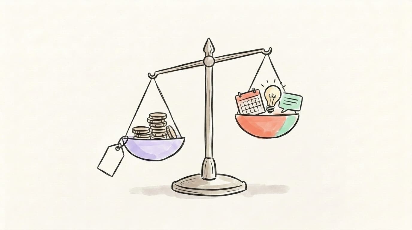 A hand-drawn balance scale weighing a stack of coins and a price tag against a bundle of feature icons