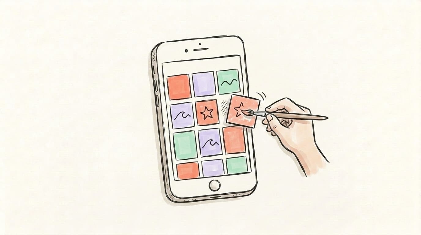 A hand-drawn smartphone showing a 3-by-3 grid of colored photo tiles being rearranged by a brush, representing visual feed planning
